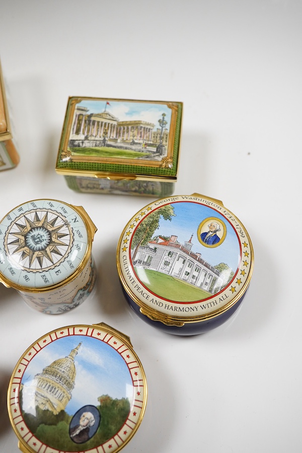 A group of ten Halcyon Days enamel boxes, mostly USA related